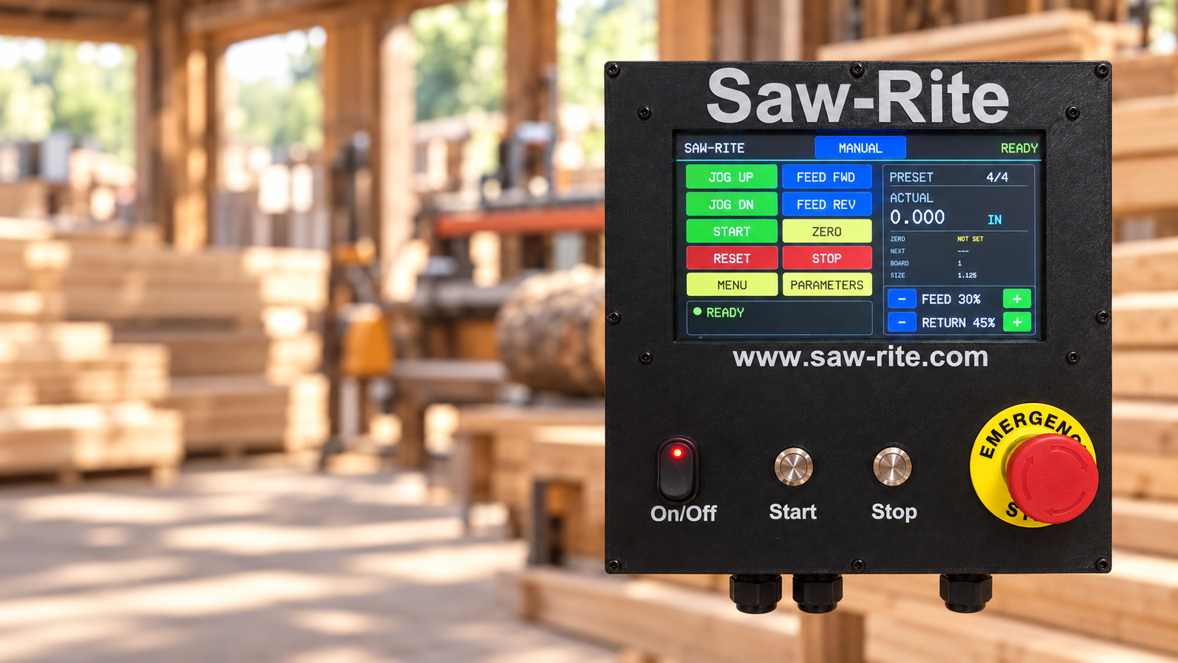 Saw-Rite touchscreen sawmill controller in a lumber mill